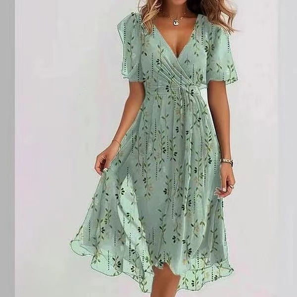 Chiffon Printed Short Sleeve V-Neck Summer Dress Elegant Women’s Midi Dress