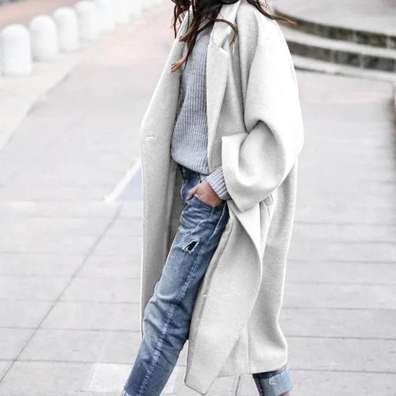 Casual Long Woolen Coat with Pockets – Women's Winter Lapel Jacket - ZA-Zola