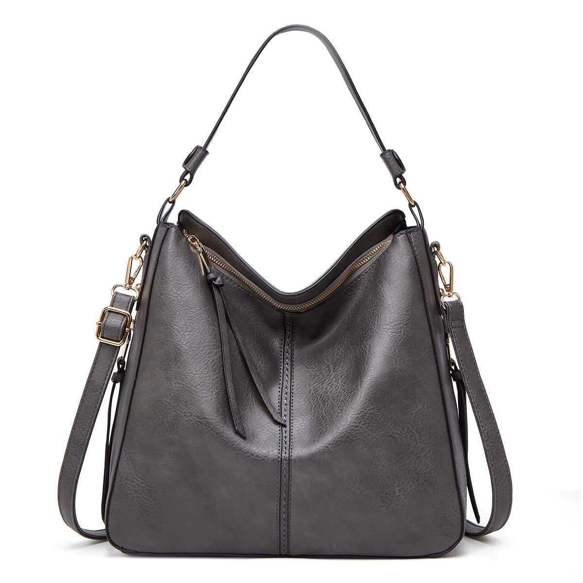 Gray handbag with gold accents on a white background