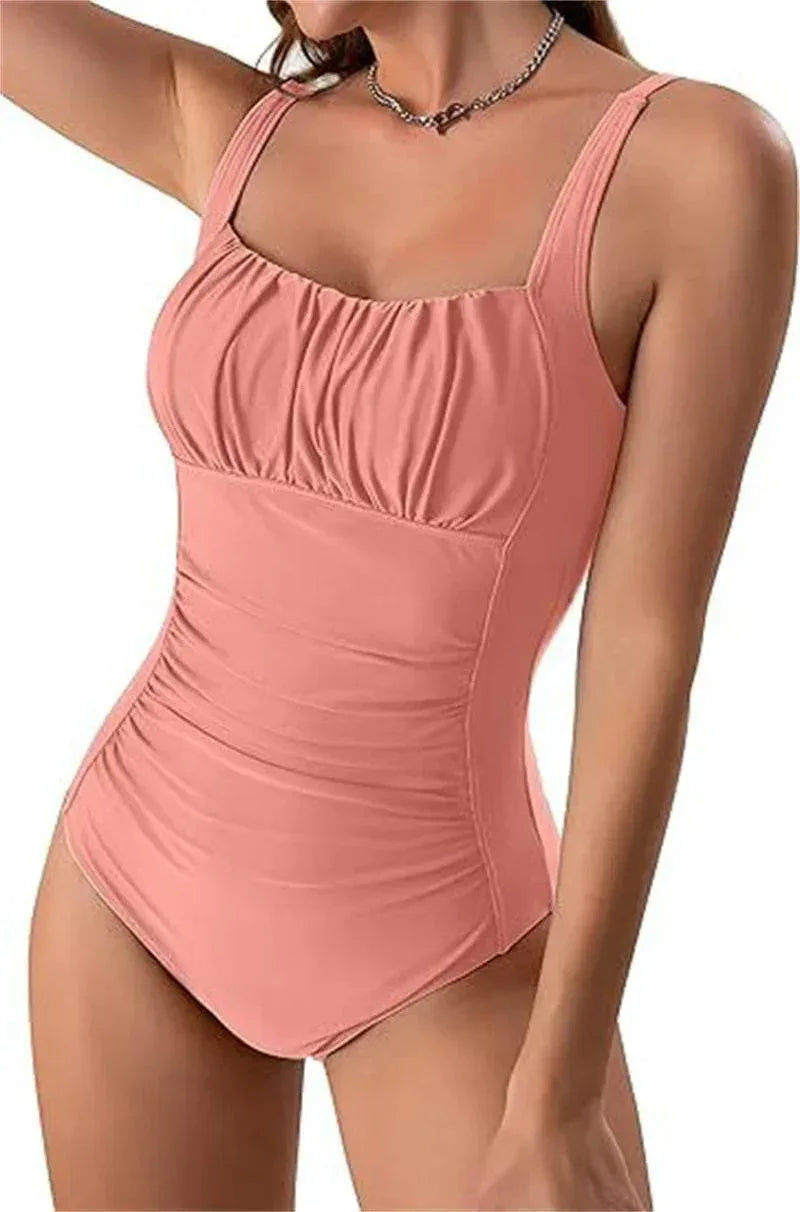Square Neck Pleated Swimsuit – Beach Vacation Ready - ZA-Zola