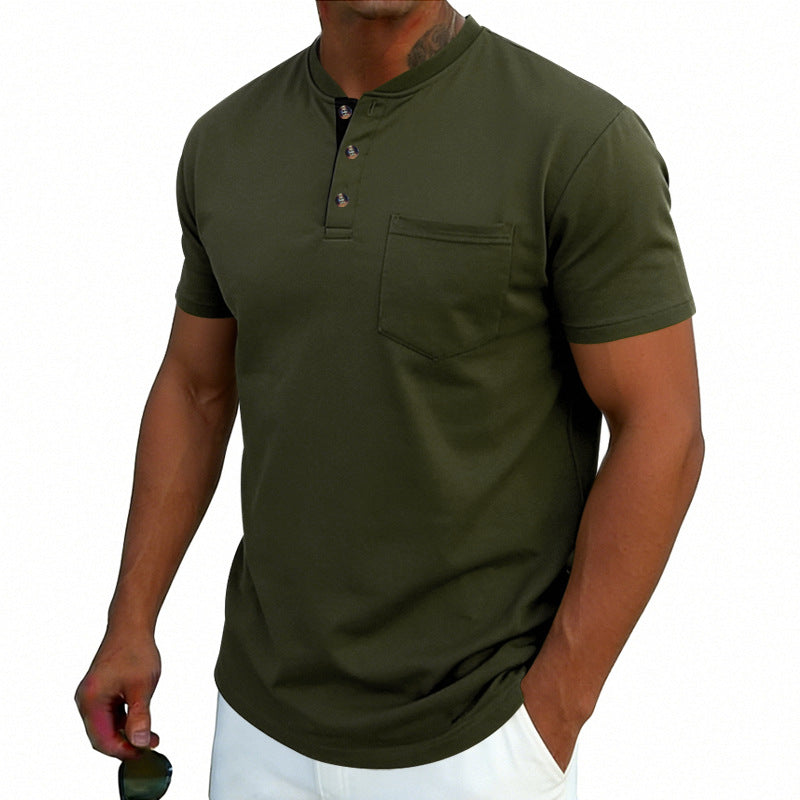 Man wearing an olive green short-sleeve henley shirt on a white background