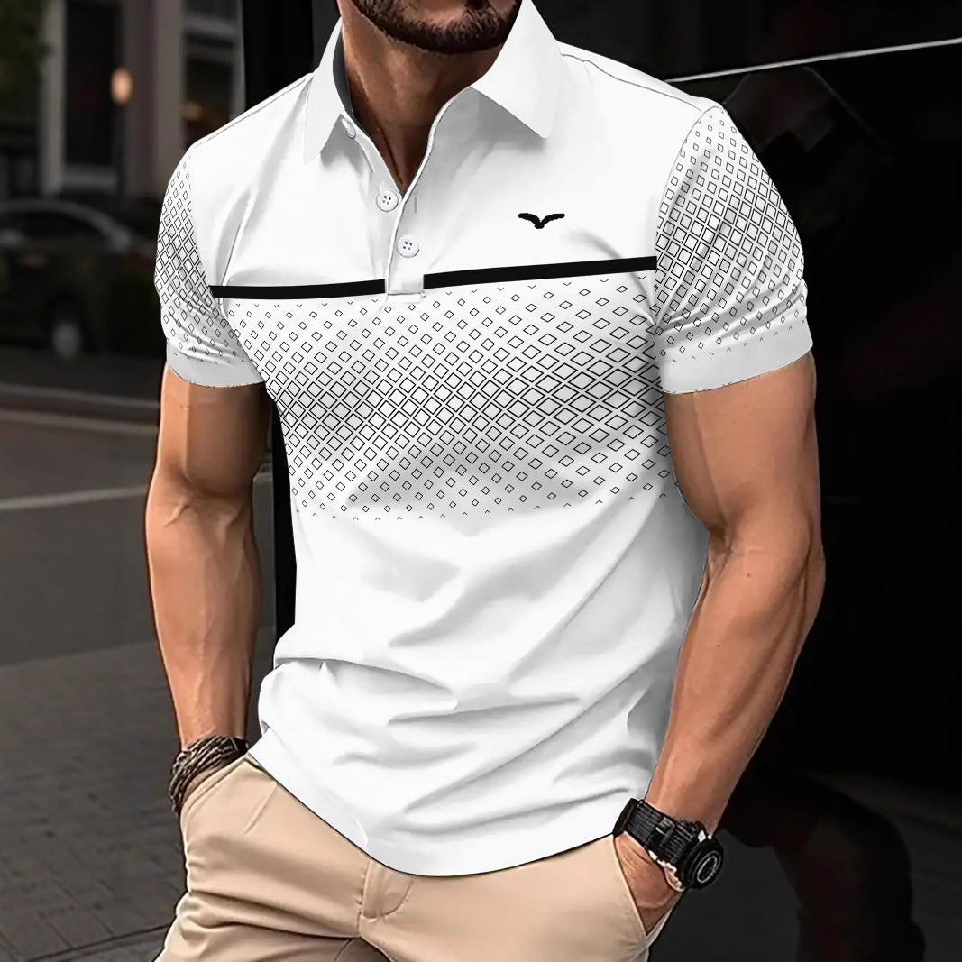 Man wearing a white patterned polo shirt and beige pants on a blurred street background