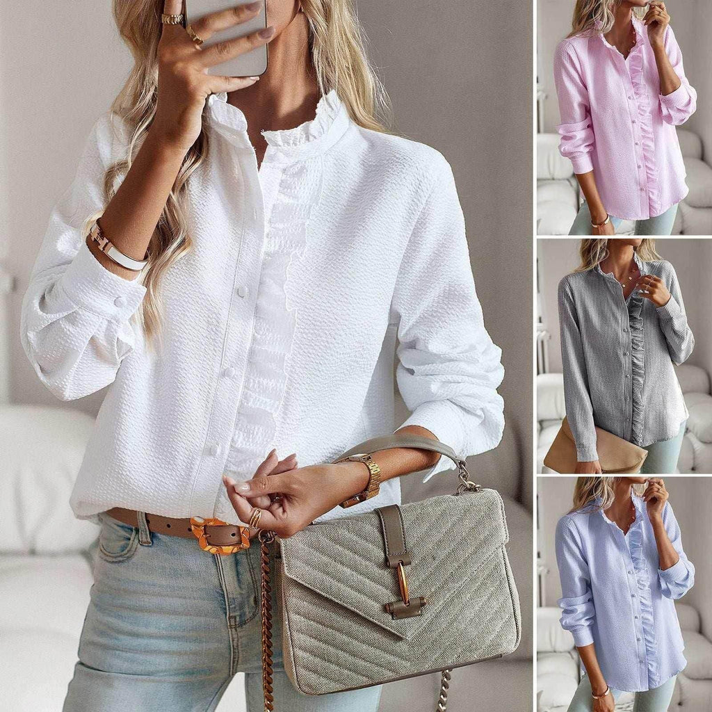 Striped Ruffle Shirt – Elegant Office Blouse - ZA-Zola