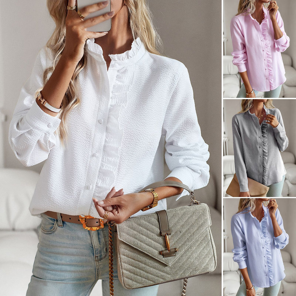 A woman models a white long-sleeve blouse with ruffled trim and a button-front design, shown in a mirror selfie style. The main panel is large, with three smaller side panels displaying the same blouse in pink, gray, and light blue.