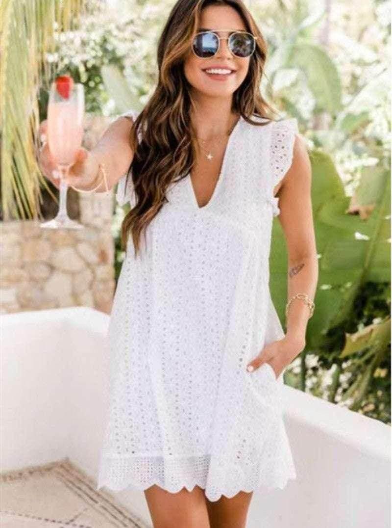 Lace Dresses With Pocket – Summer Sleeveless Jacquard V-Neck Beach Dress - ZA-Zola