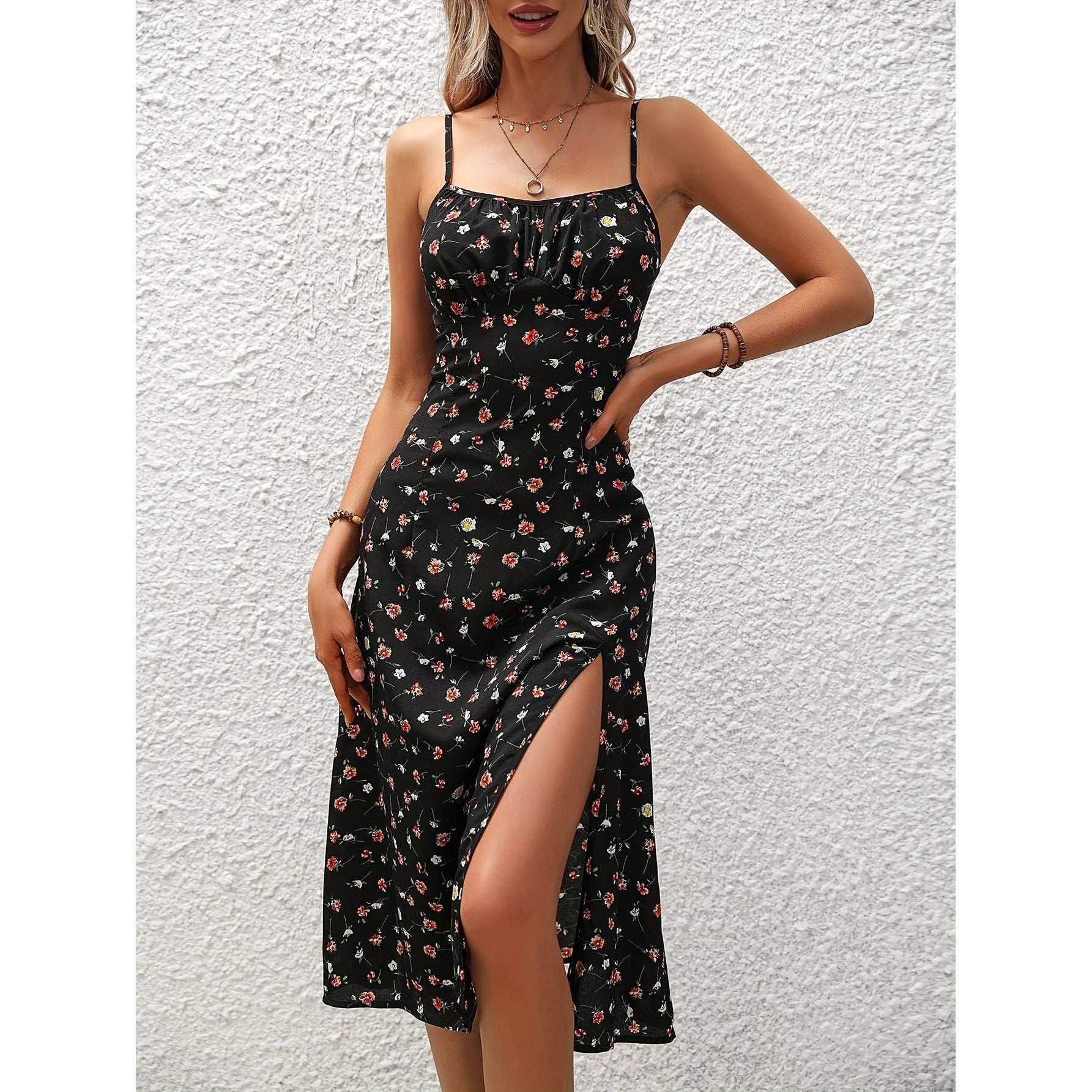 Polka Dot Print Suspender Dress - Summer Slit Style - ZA-Zola