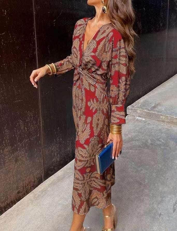 V-Neck Geometric Print Long Dress with Sleeves - ZA-Zola