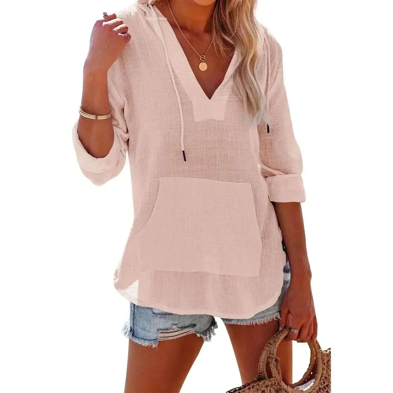 Women's V-Neck Hooded Cotton Split Shirt - ZA-Zola