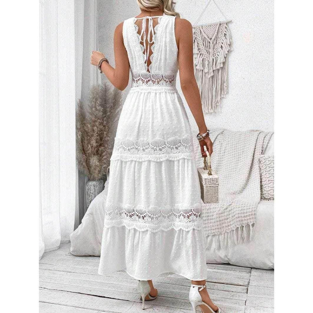 Lace V-Neck Sleeveless Long Summer Dress – White - ZA-Zola
