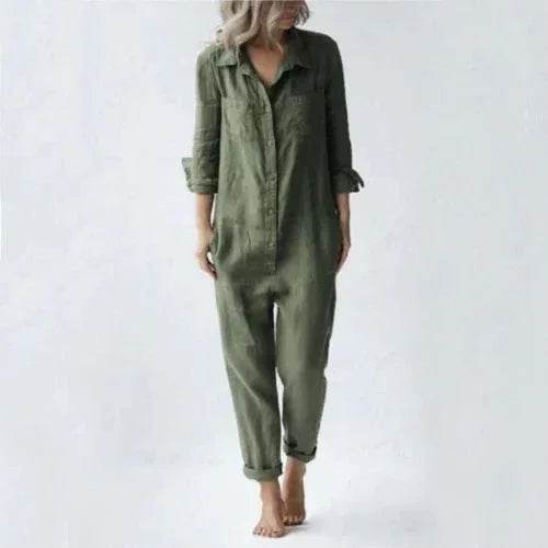 Woman modeling trendy olive green jumpsuit, casual fashion at ZA-Zola United Kingdom