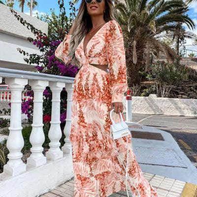 Elegant V-Neck Long Sleeve Chiffon Dress - ZA-Zola