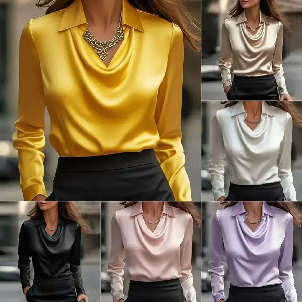 Elegant Satin Draped Swing Collar Blouse - ZA-Zola