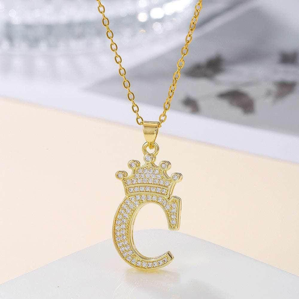 Gold Crown Initial Pendant Necklace for Daily Wear - ZA-Zola