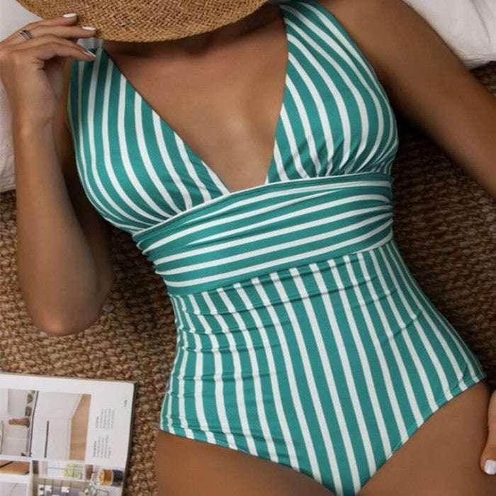 Green Striped One-Piece Swimsuit – Sleek & Chic - ZA-Zola
