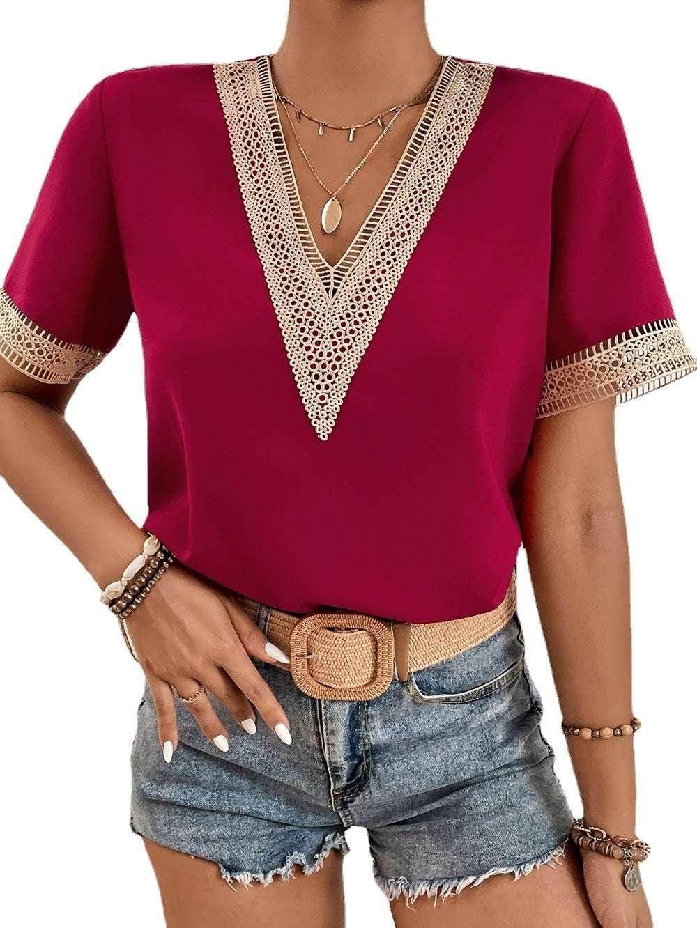 V-Neck Lace Patchwork Loose Commuter Top - ZA-Zola