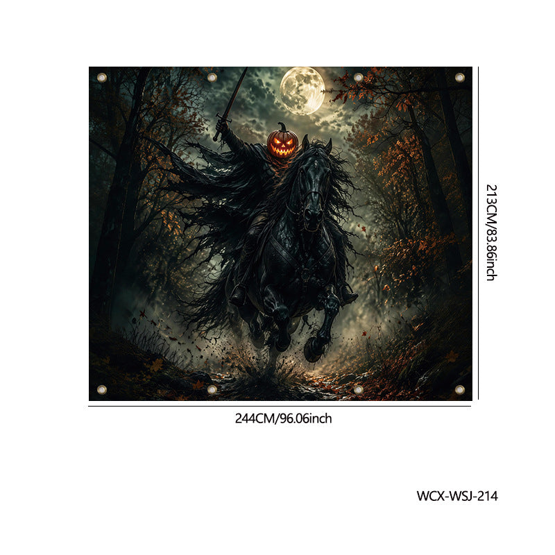 A square wall art print or canvas showing a dark, spooky forest scene with a black horse, a figure holding a staff, and a glowing jack-o'-lantern under a full moon. The artwork is centered on a white background with printed dimensions and a model code around it.