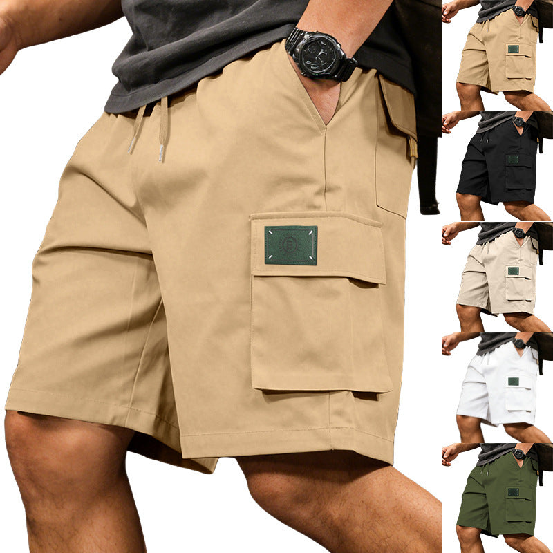 Beige cargo shorts with a patch worn by a person, shown from different angles.