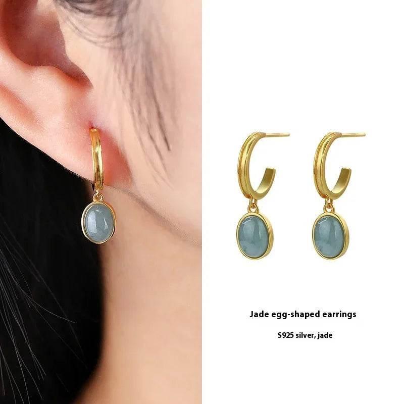 925 Silver Blue Water Jade Egg Earrings for Women - ZA-Zola