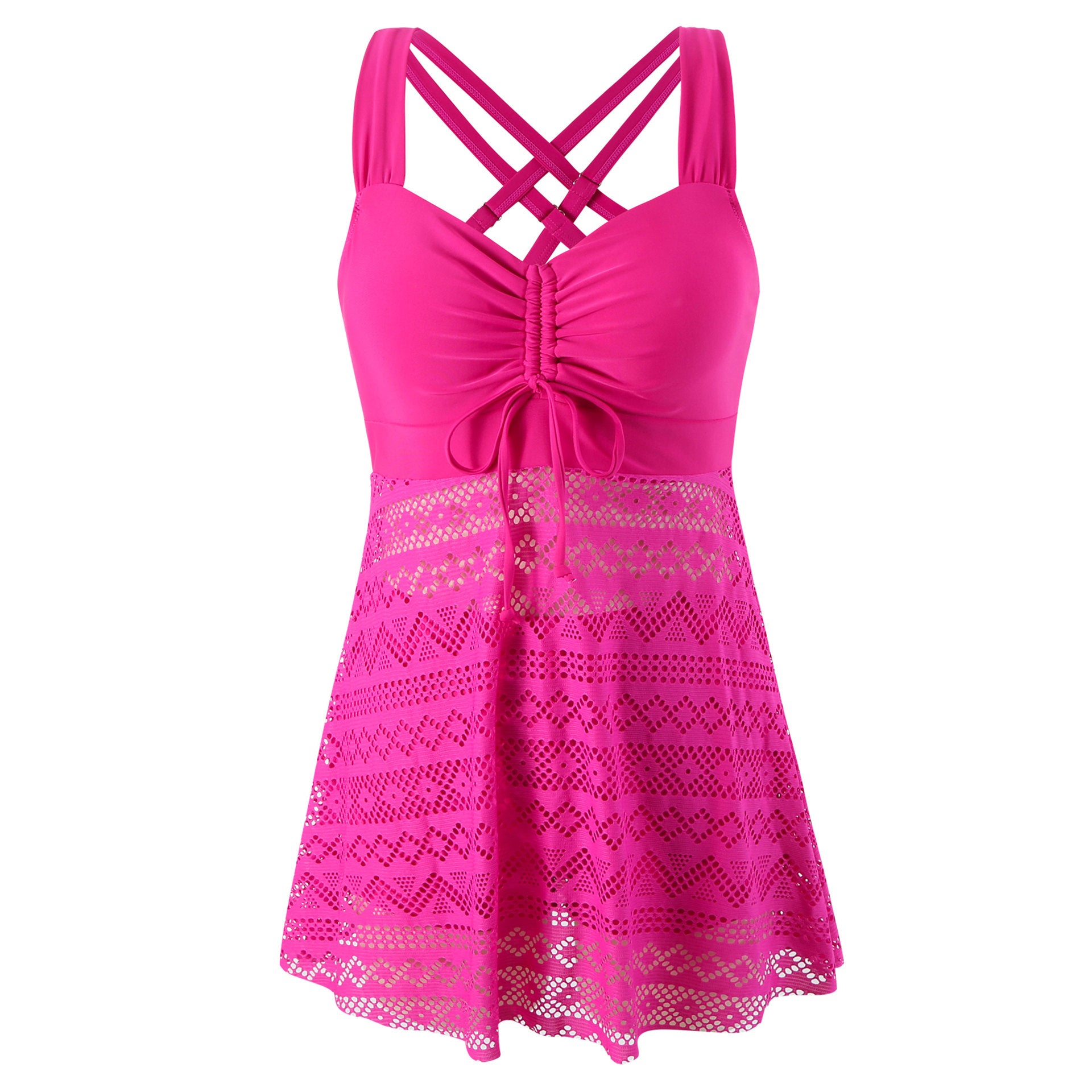 Pink lace dress with criss-cross straps on a white background