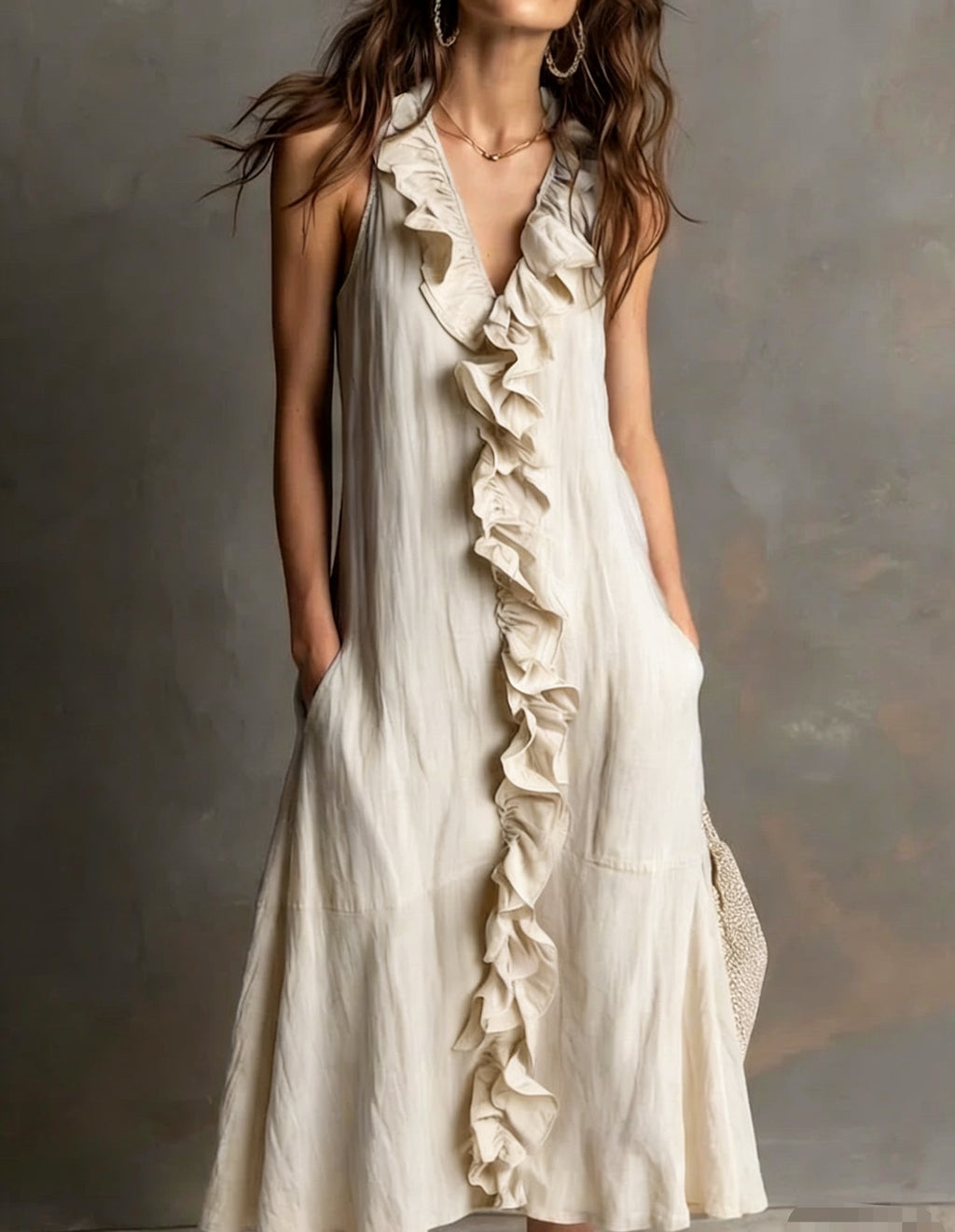 Woman wearing a white ruffled dress against a neutral background