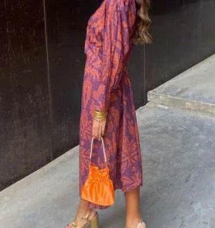 V-Neck Geometric Print Long Dress with Sleeves - ZA-Zola
