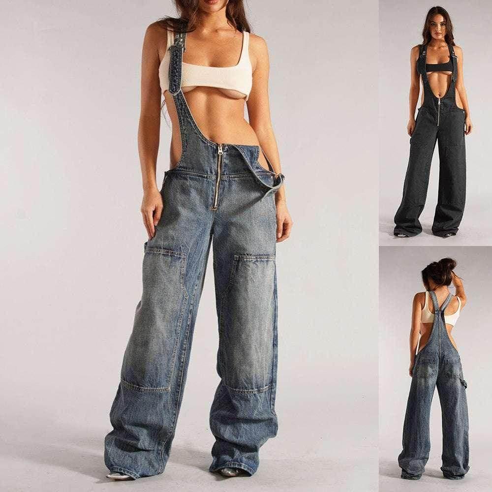 Y2K Zipper Denim Overalls – Wide Leg Street Style - ZA-Zola
