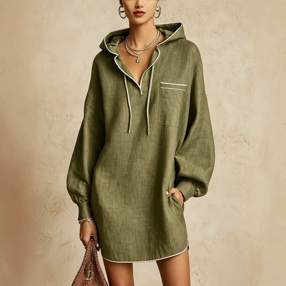 A woman models an oversized olive green hooded shirt dress with white contrast piping, drawstrings, and a chest pocket, set against a textured beige wall.