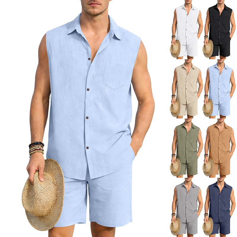 Man wearing a light blue sleeveless shirt and shorts holding a straw hat, with multiple color options displayed.