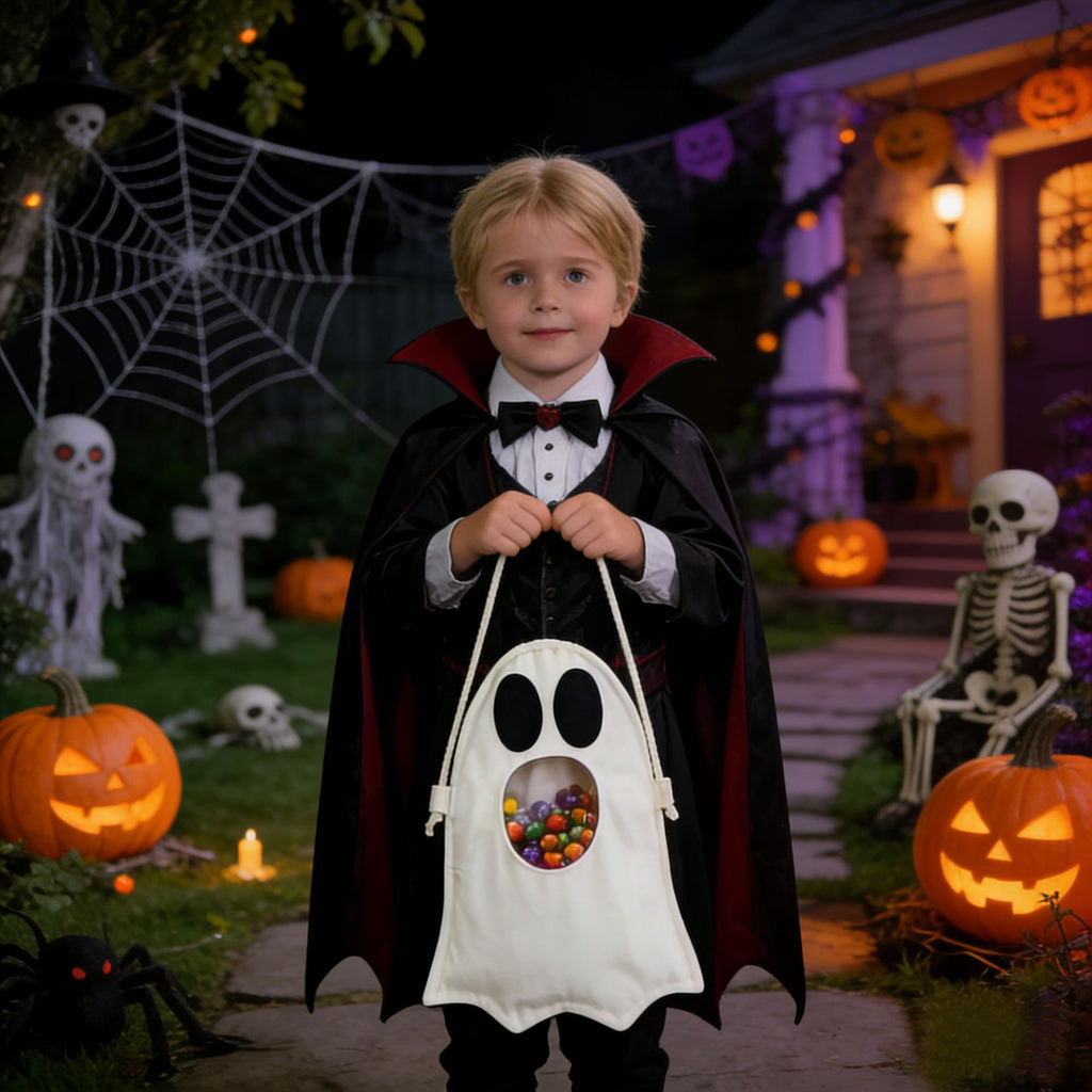 A young boy dressed as a vampire stands on a Halloween lawn path, holding a white ghost-shaped candy bucket bag with a clear window showing colorful candies. The background features a decorated house, glowing jack-o'-lanterns, skeleton decorations, and cobwebs at night.
