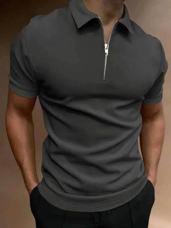 Men's charcoal gray short sleeve zip polo shirt from ZA-Zola, modern and stylish apparel