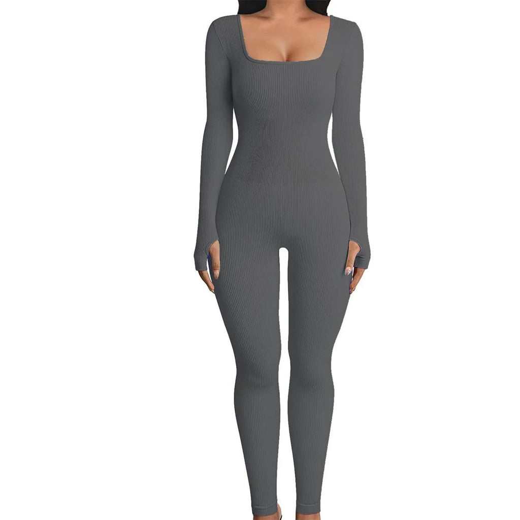 Women Yoga Jumpsuit Square Neck Long Sleeve One-Piece - ZA-Zola