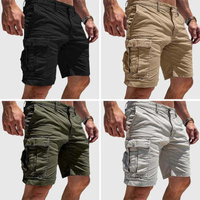 Four pairs of cargo shorts in black, beige, green, and gray on a white background.