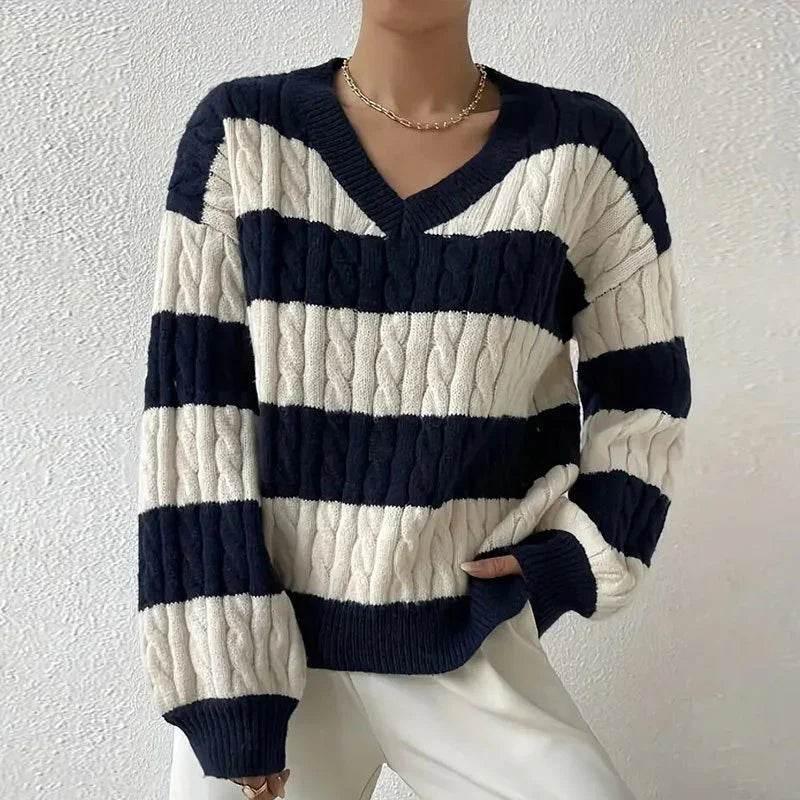 V-neck Striped Women's Sweater – ZA-Zol - ZA-Zola