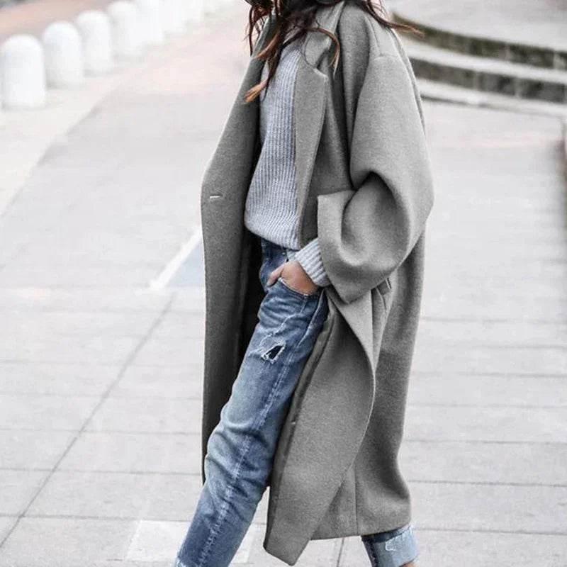 Casual Long Woolen Coat with Pockets – Women's Winter Lapel Jacket - ZA-Zola