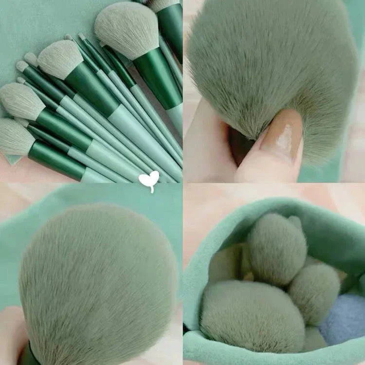 Set of green makeup brushes with soft bristles, shown close-up and in a pouch.