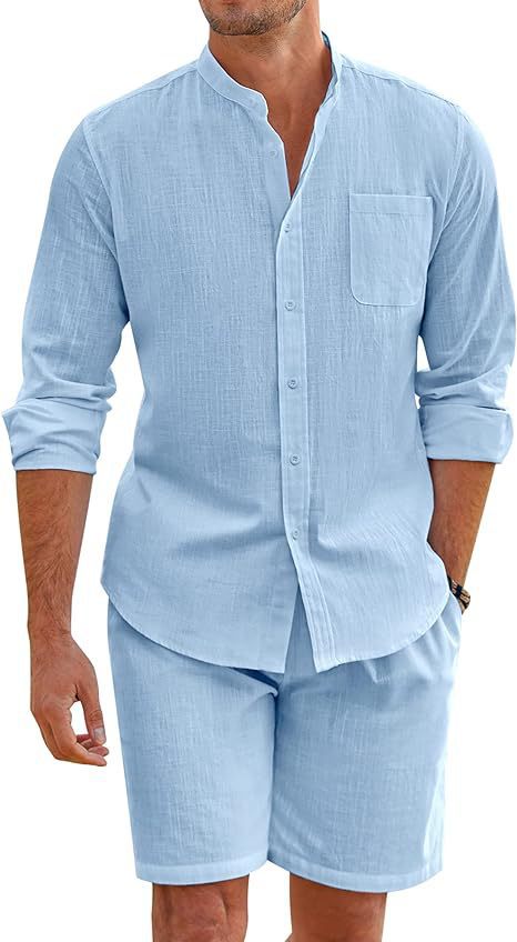 Man wearing a light blue striped shirt and shorts set on a white background