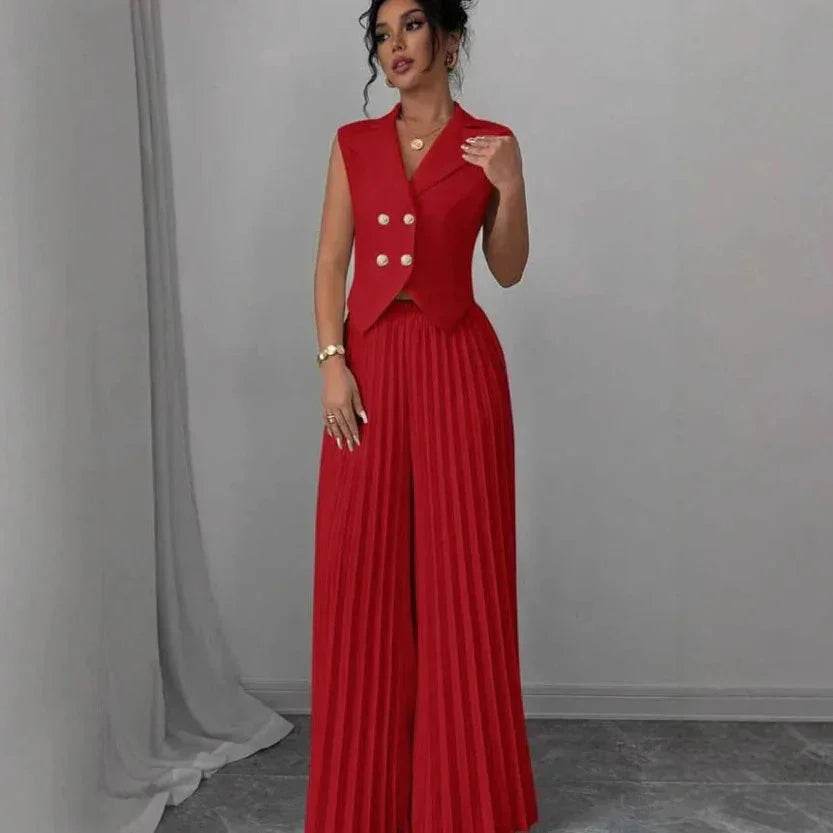Woman wearing chic red pleated wide-leg pants and sleeveless blazer from ZA-Zola