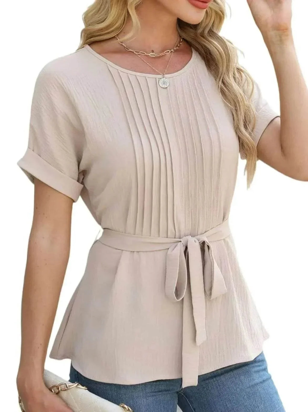 Ruffled Pleated Round Neck Short Sleeve Shirt - ZA-Zola