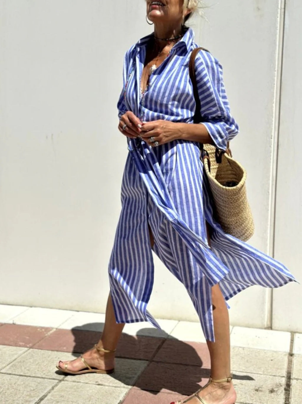Striped Shirt Dress with Belt Half Sleeve Lapel Button Cardigan Dress Women's Fashion Clothing