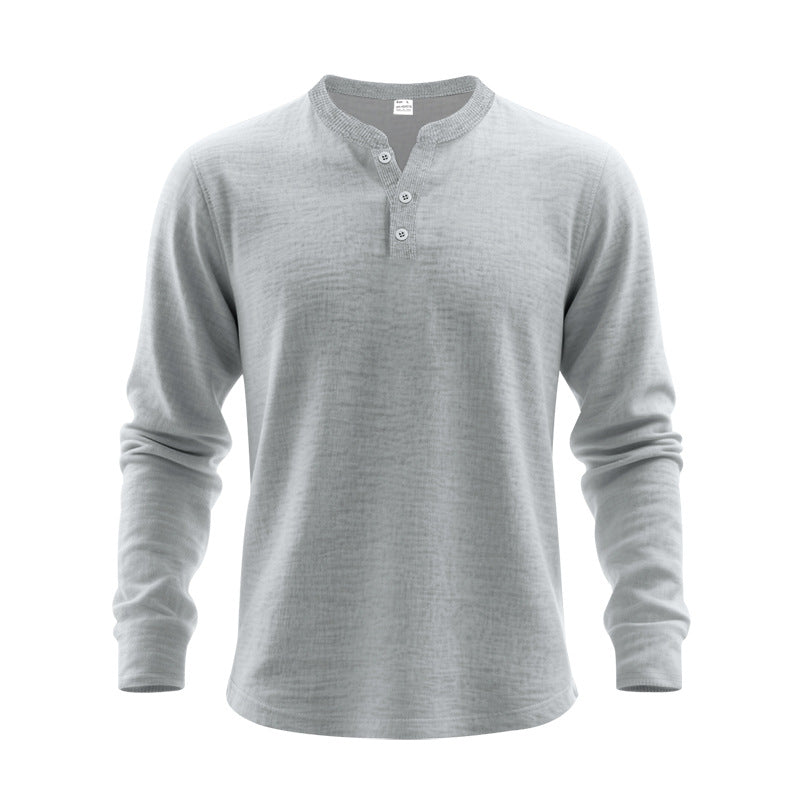 Gray long-sleeve henley shirt on a white background