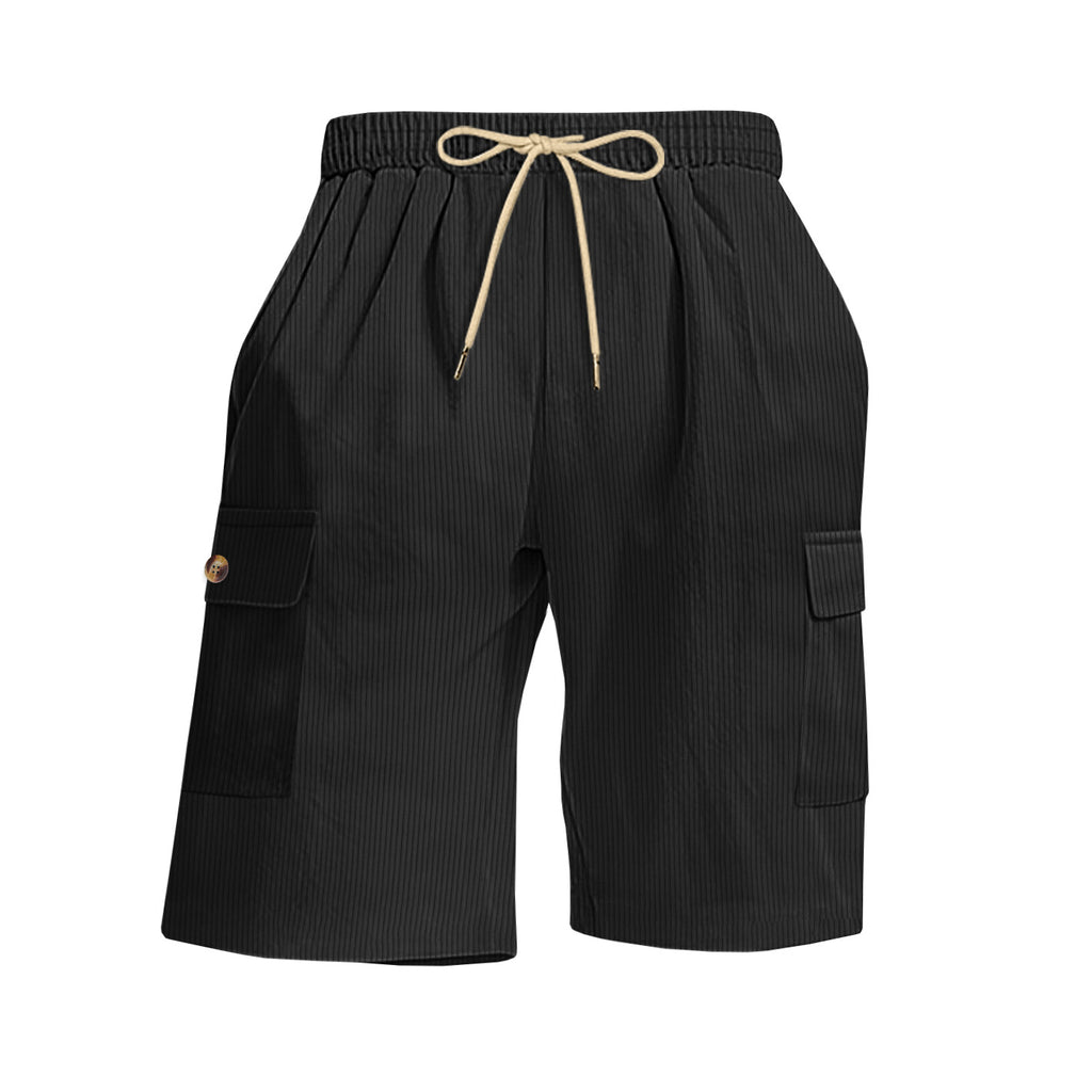 Black cargo shorts with a drawstring on a white background