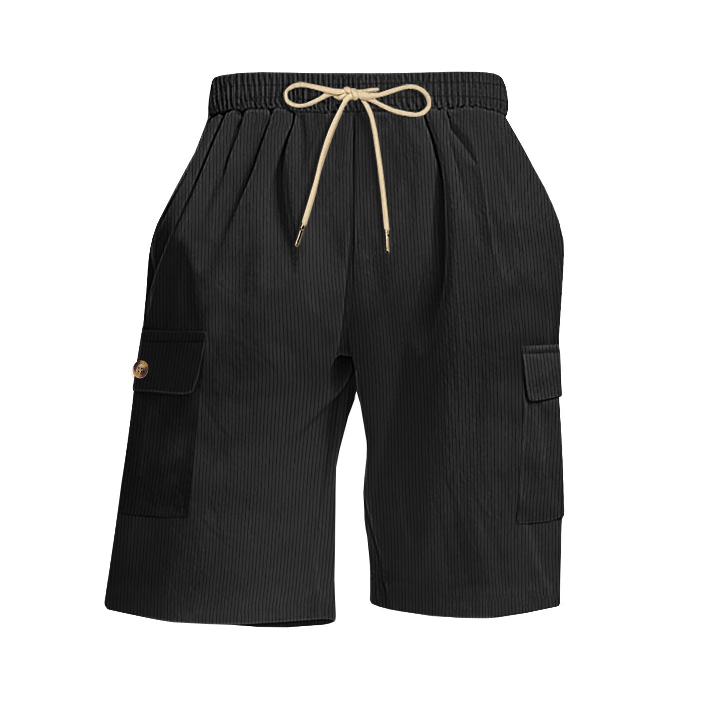 Black cargo shorts with a drawstring on a white background