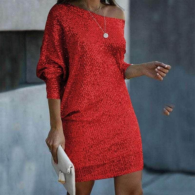 Oblique Shoulder Sequin Party Dress - ZA-Zola