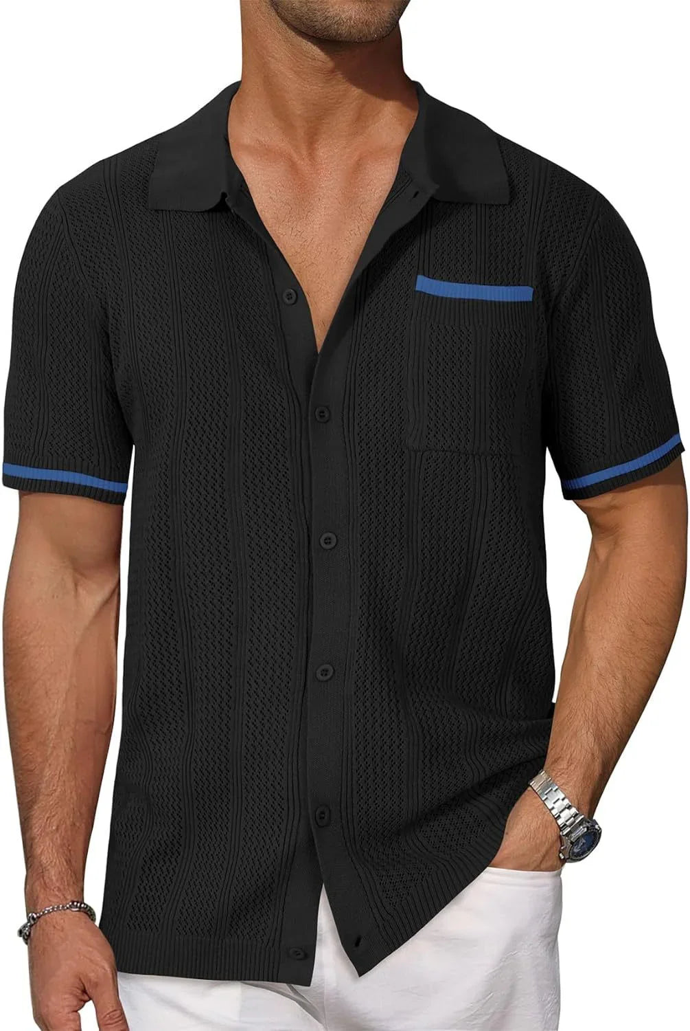 Black textured short-sleeve shirt with blue accents worn by a person on a white background