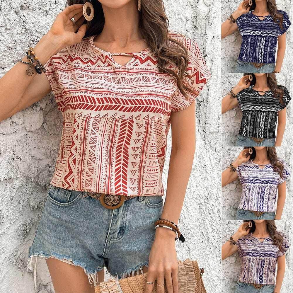 Women's Geometric Print Round Neck Tee Shirt - ZA-Zola
