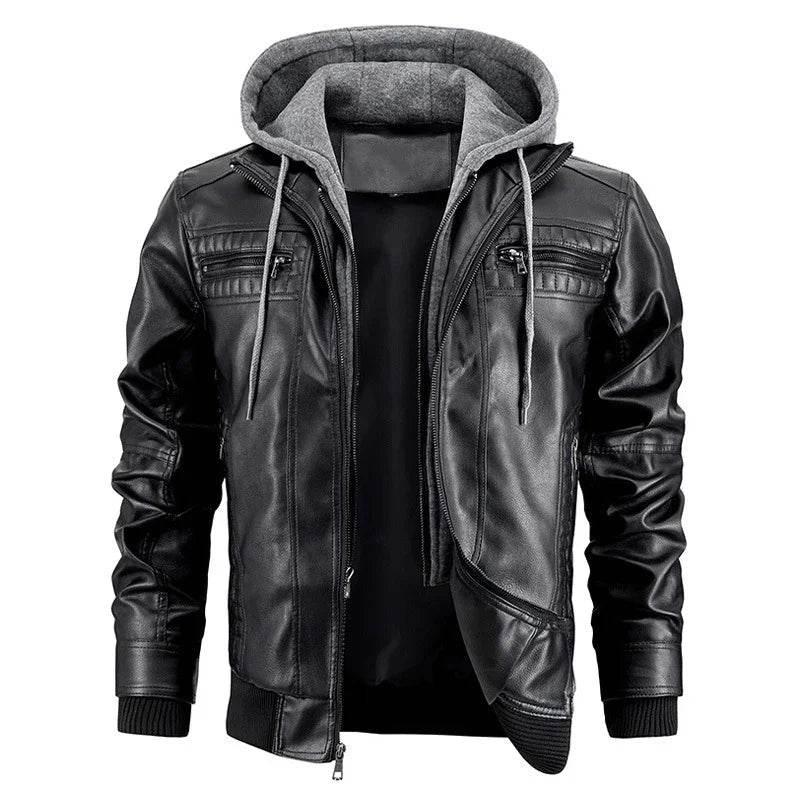 Men's Hooded PU Leather Jacket with Zipper Pockets - ZA-Zola