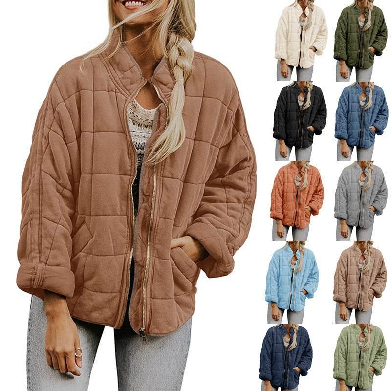 Winter Zip-up Stand Collar Coat for Women | Stylish Plaid Jacket - ZA-Zola