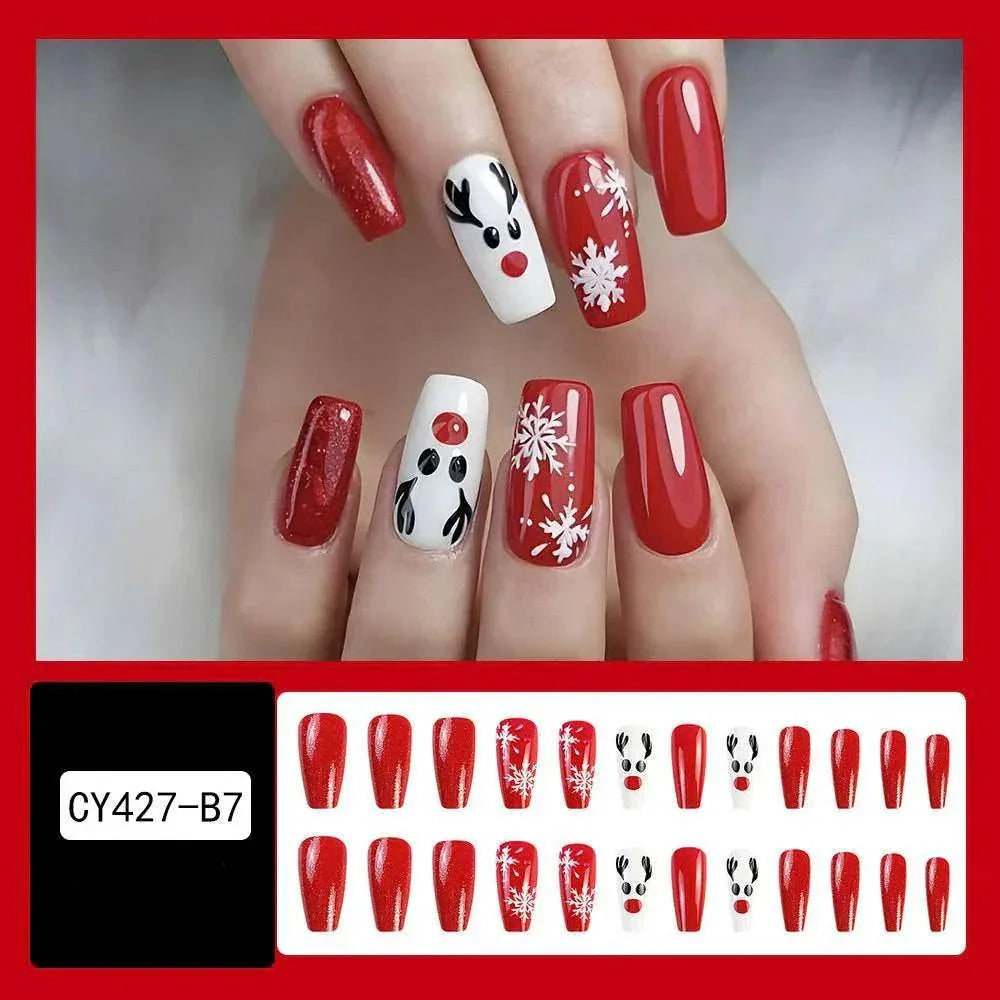 24pcs Christmas False Nails – Festive Snowflake Design - ZA-Zola