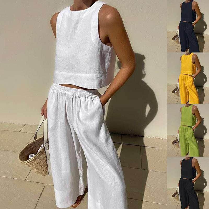 Woman modeling ZA-Zola sleeveless linen set in white with color options, chic summer fashion.