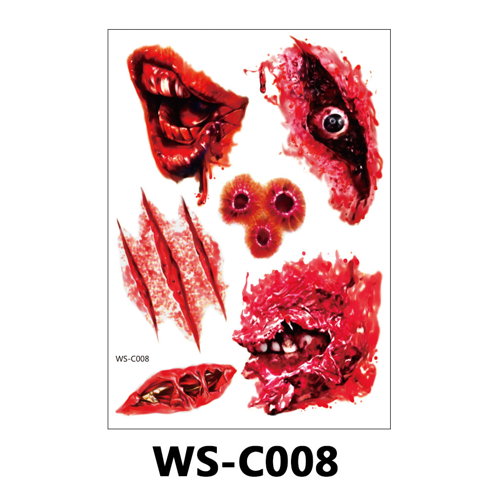 A sheet of Halloween special effects makeup stickers featuring bloody severed lips, a wound with an eye, claw marks, and a gory mouth, shown on a white background with the code WS-C008 below.